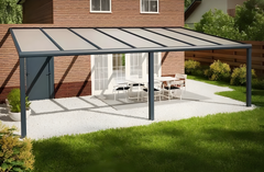 Moderne terrasoverkapping in antraciet RAL 7016 van 7.0 x 2.0 meter met opaal polycarbonaat