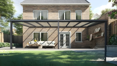 Moderne terrasoverkapping in antraciet RAL 7016 van 8.0 x 2.0 meter met helder glazen dak