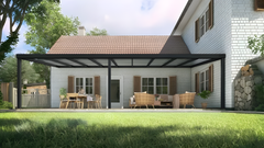 Moderne terrasoverkapping in antraciet RAL 7016 van 9.0 x 2.0 meter met helder glazen dak