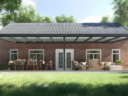 Moderne terrasoverkapping in antraciet RAL 7016 van 10.0 x 3.0 meter met helder glazen dak