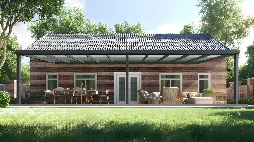 Moderne terrasoverkapping in antraciet RAL 7016 van 10.0 x 4.0 meter met helder glazen dak