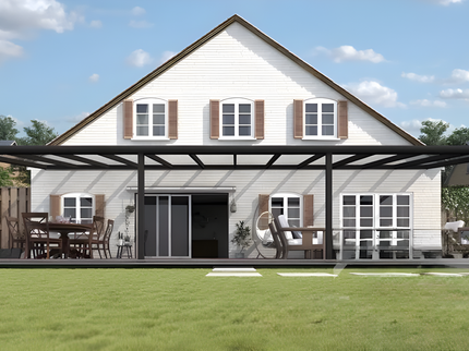 Moderne terrasoverkapping in antraciet RAL 7016 van 11.0 x 2.5 meter met helder glazen dak