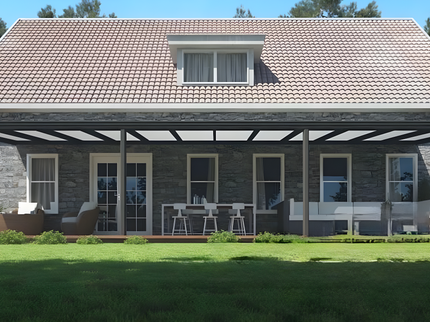 Moderne terrasoverkapping in antraciet RAL 7016 van 11.0 x 2.5 meter met opaal polycarbonaat
