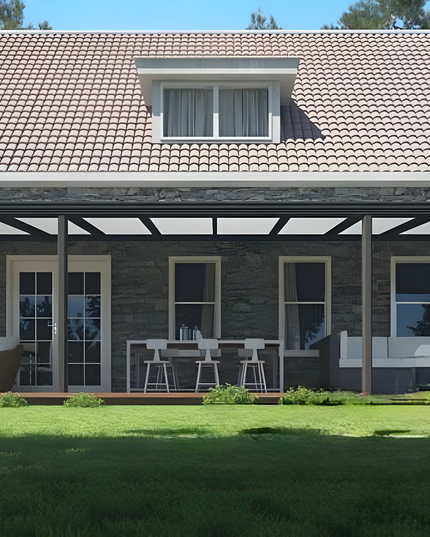 Moderne terrasoverkapping in antraciet RAL 7016 van 11.0 x 3.5 meter met helder polycarbonaat