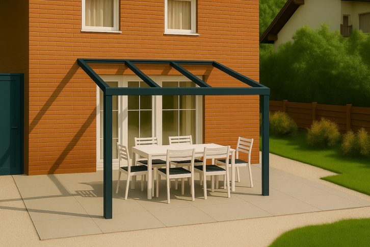 Moderne terrasoverkapping in antraciet RAL 7016 van 3.0 x 2.0 meter met helder glazen dak