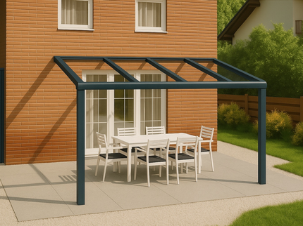 Moderne terrasoverkapping in antraciet RAL 7016 van 4.0 x 4.0 meter met helder glazen dak