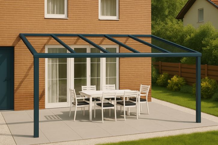 Moderne terrasoverkapping in antraciet RAL 7016 van 5.0 x 2.0 meter met helder glazen dak