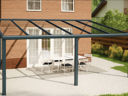 Moderne terrasoverkapping in antraciet RAL 7016 van 6.0 x 2.0 meter met helder glazen dak