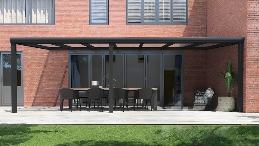 Moderne terrasoverkapping in antraciet RAL 7016 van 7.0 x 4.0 meter met helder glazen dak