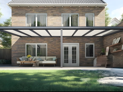 Moderne terrasoverkapping in antraciet RAL 7016 van 8.0 x 2.5 meter met opaal polycarbonaat