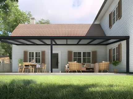 Moderne terrasoverkapping in antraciet RAL 7016 van 9.0 x 2.0 meter met helder glazen dak