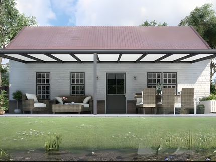 Moderne terrasoverkapping in antraciet RAL 7016 van 9.0 x 3.5 meter met opaal polycarbonaat