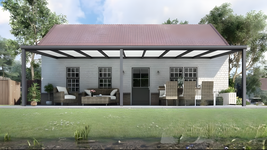 Moderne terrasoverkapping in antraciet RAL 7016 van 9.0 x 2.0 meter met helder polycarbonaat