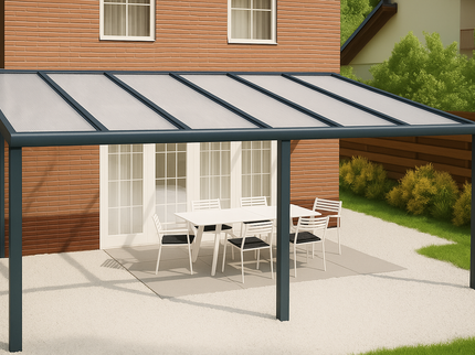 Moderne terrasoverkapping in antraciet RAL 7016 van 6.0 x 2.5 meter met opaal polycarbonaat